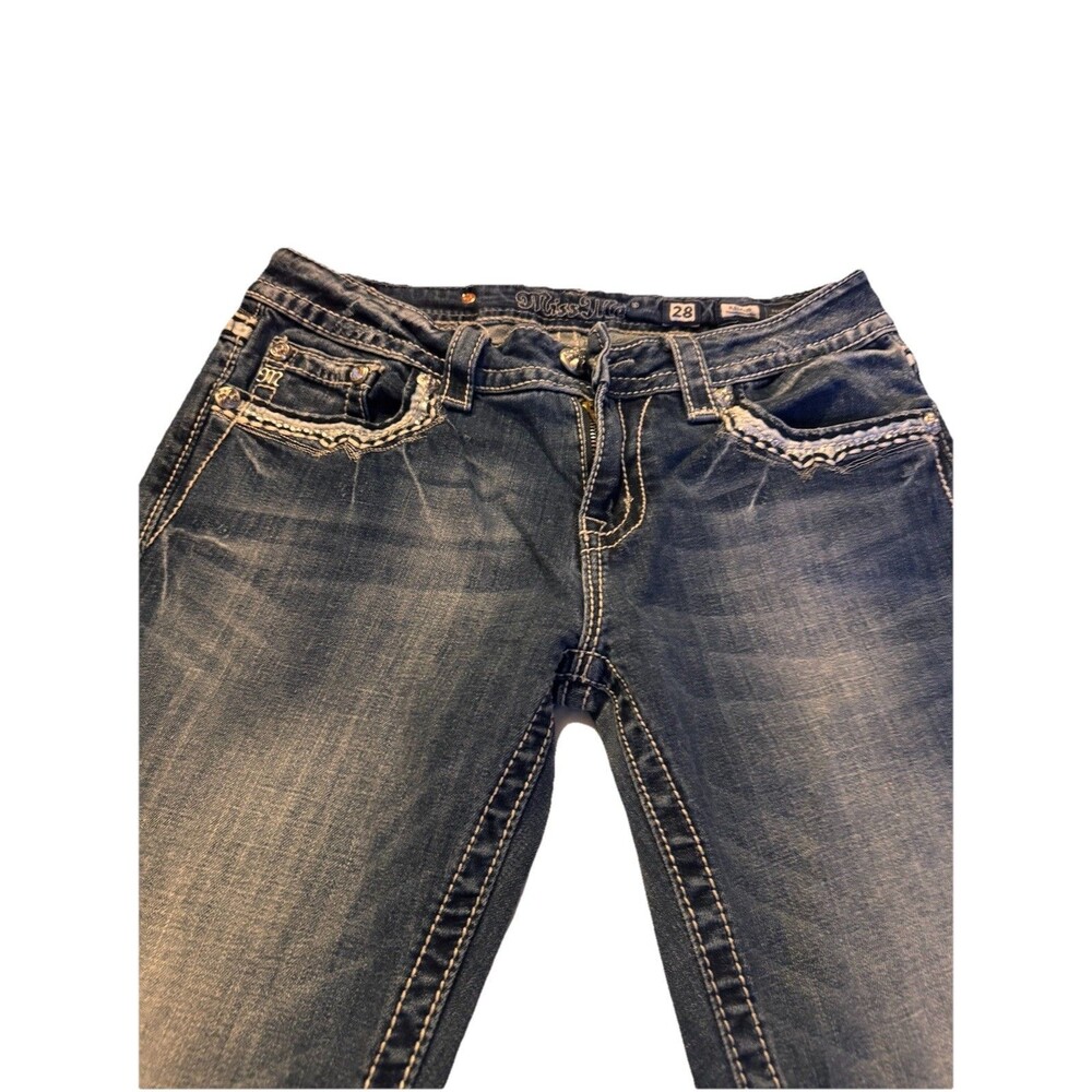 Miss Me Sz 28 STYLE XP 7035B RELAXED Boot Jeans Embellish Dark Blue Distress